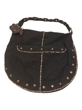 Gap Black Canvas Studded Hobo Bag Purse Wooden Floral Charm